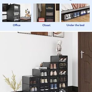 FINESSY Shoe Storage Shoe Organizer Cabinet, 12 Pack Medium Shoe Rack Closet Organizer and Storage Bins, Black Shoe Container Stackable Shoe Boxes Clear Plastic Stackable Shoe Holder