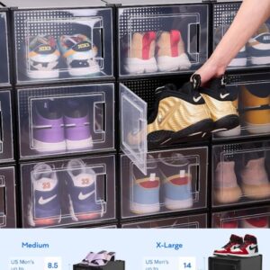 FINESSY Shoe Storage Shoe Organizer Cabinet, 12 Pack Medium Shoe Rack Closet Organizer and Storage Bins, Black Shoe Container Stackable Shoe Boxes Clear Plastic Stackable Shoe Holder