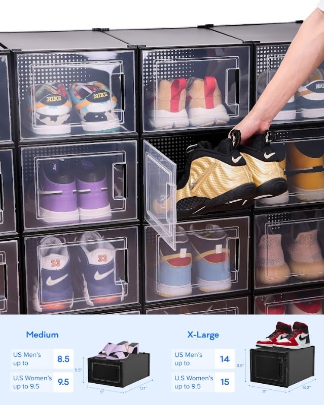 FINESSY Shoe Storage Shoe Organizer Cabinet, 12 Pack Medium Shoe Rack Closet Organizer and Storage Bins, Black Shoe Container Stackable Shoe Boxes Clear Plastic Stackable Shoe Holder