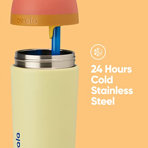 Owala Kids Flip Insulated Stainless-Steel Water Bottle with Straw and Locking Lid, 14-Ounce, Orange/Yellow (Misty Horizon)
