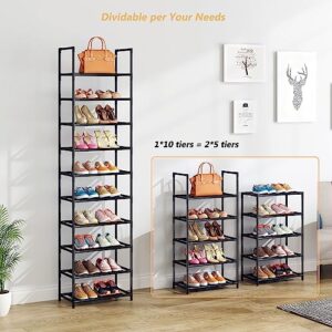 WOKKOW 10 Tiers Tall Shoe Rack for Closet Entryway 20-25 Pairs Shoe Closet Organizers and Storage Free Standing Shoe Shelf Shoe Storage with Hooks