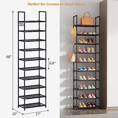 WOKKOW 10 Tiers Tall Shoe Rack for Closet Entryway 20-25 Pairs Shoe Closet Organizers and Storage Free Standing Shoe Shelf Shoe Storage with Hooks