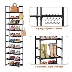 WOKKOW 10 Tiers Tall Shoe Rack for Closet Entryway 20-25 Pairs Shoe Closet Organizers and Storage Free Standing Shoe Shelf Shoe Storage with Hooks