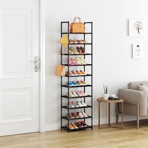 WOKKOW 10 Tiers Tall Shoe Rack for Closet Entryway 20-25 Pairs Shoe Closet Organizers and Storage Free Standing Shoe Shelf Shoe Storage with Hooks