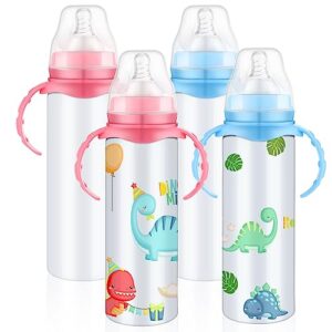 TrelaCo 4 Pcs 8 oz/ 240 ml Baby Bottle Stainless Steel with Pink and Blue Handle Sublimation Blank Kids Stainless Steel Tumblers Anti Drop Baby Bottle Stainless Steel Toddler Water Insulated Cups