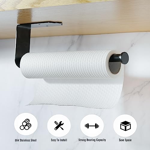 Paper Towel Holders, JJOO Stainless Steel Paper Towel Holder Under Cabinet, Wall Mount Hanging Paper Towel Holder for Kitchen, Available for Both Self-Adhesive or Drill mounting (Black)