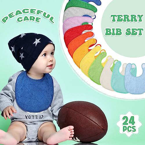 24 Pcs Baby Bibs Bulk Terry Cotton Teething Bibs Baby Shower Gifts Newborn Infant Bibs Washable Absorbent Baby Drooling Bibs with Adjustable Hook and Loop Closure for Boys Girls, 12 Colors