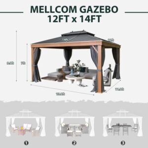 MELLCOM 12'x14' Hardtop Gazebo, Wooden Finish Coated Aluminum Frame Gazebo with Galvanized Steel Double Roof, Metal Gazebo with Curtains and Nettings for Patios, Gardens, Lawns