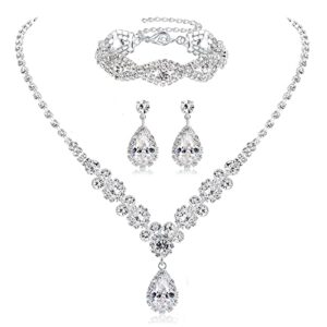 hadskiss wedding jewelry set for weddings prom parties,elegant necklace dangle earrings bracelet with white rhinestone crystal for brides bridesmaids women