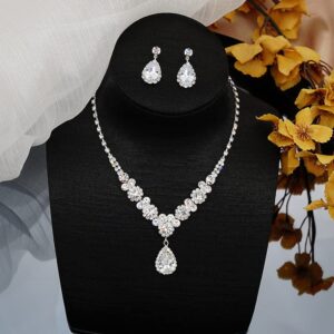 Hadskiss Wedding Jewelry Set for Weddings Prom Parties,Elegant Necklace Dangle Earrings Bracelet With White Rhinestone Crystal for Brides Bridesmaids Women