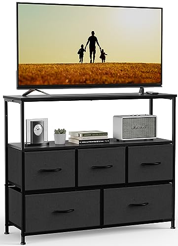 Dresser TV Stand, Entertainment Center with 5 Fabric Drawers, Media Console Table for TV with Open Storage Shelf Dresser for Bedroom/Living Room/Hallway Black