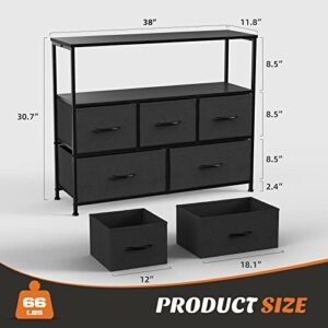 Dresser TV Stand, Entertainment Center with 5 Fabric Drawers, Media Console Table for TV with Open Storage Shelf Dresser for Bedroom/Living Room/Hallway Black