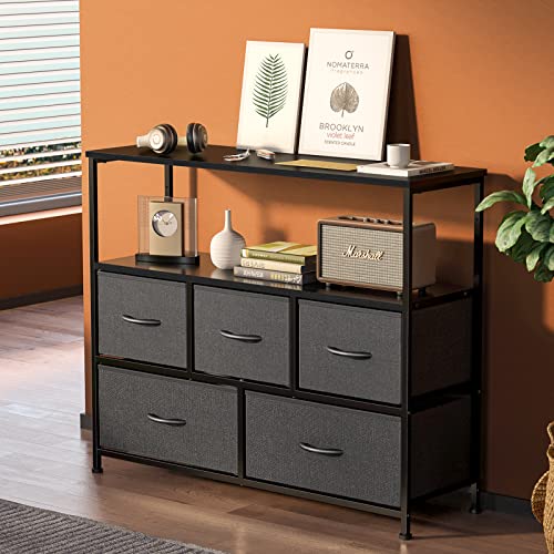 Dresser TV Stand, Entertainment Center with 5 Fabric Drawers, Media Console Table for TV with Open Storage Shelf Dresser for Bedroom/Living Room/Hallway Black