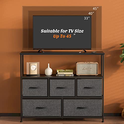 Dresser TV Stand, Entertainment Center with 5 Fabric Drawers, Media Console Table for TV with Open Storage Shelf Dresser for Bedroom/Living Room/Hallway Black