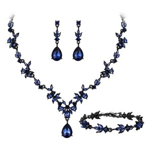 crysdue wedding jewelry set for women bride bridesmaid, stunning marquise rhinestone crystal floral leaf vine pendant necklace dangle earrings bracelet set for prom party sapphire color black-tone