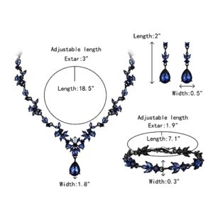 Crysdue Wedding Jewelry Set for Women Bride Bridesmaid, Stunning Marquise Rhinestone Crystal Floral Leaf Vine Pendant Necklace Dangle Earrings Bracelet Set for Prom Party Sapphire Color Black-Tone