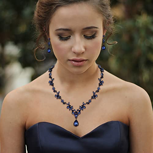 Crysdue Wedding Jewelry Set for Women Bride Bridesmaid, Stunning Marquise Rhinestone Crystal Floral Leaf Vine Pendant Necklace Dangle Earrings Bracelet Set for Prom Party Sapphire Color Black-Tone