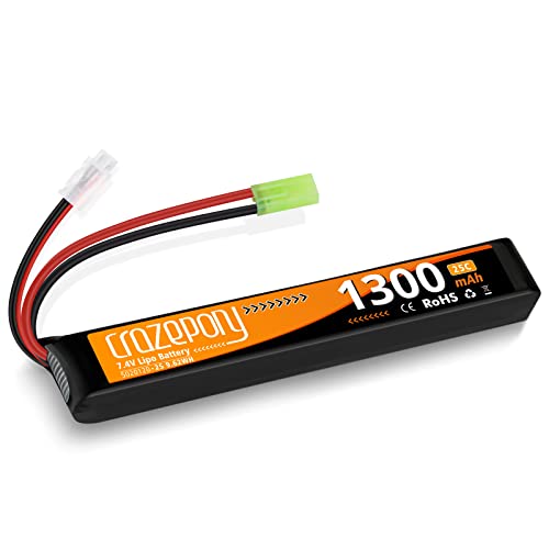 Crazepony Airsoft Battery 7.4V Rechargeable 2S LiPo 1300mAh 25C Stick Battery with Mini Tamiya Connector for Airsoft Model Guns Rifle