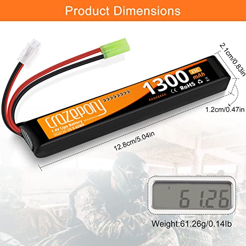 Crazepony Airsoft Battery 7.4V Rechargeable 2S LiPo 1300mAh 25C Stick Battery with Mini Tamiya Connector for Airsoft Model Guns Rifle