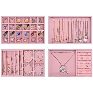 procase set of 4 stackable jewelry organizer trays for drawers, jewelry drawer inserts container display case storage for earring necklace rings bracelet with removable dividers -dustypink