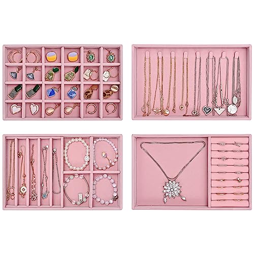 ProCase Set of 4 Stackable Jewelry Organizer Trays for Drawers, Jewelry Drawer Inserts Container Display Case Storage for Earring Necklace Rings Bracelet with Removable Dividers -Dustypink