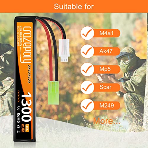 Crazepony Airsoft Battery 7.4V Rechargeable 2S LiPo 1300mAh 25C Stick Battery with Mini Tamiya Connector for Airsoft Model Guns Rifle