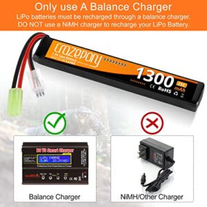 Crazepony Airsoft Battery 7.4V Rechargeable 2S LiPo 1300mAh 25C Stick Battery with Mini Tamiya Connector for Airsoft Model Guns Rifle