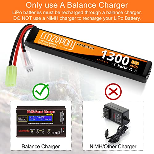 Crazepony Airsoft Battery 7.4V Rechargeable 2S LiPo 1300mAh 25C Stick Battery with Mini Tamiya Connector for Airsoft Model Guns Rifle