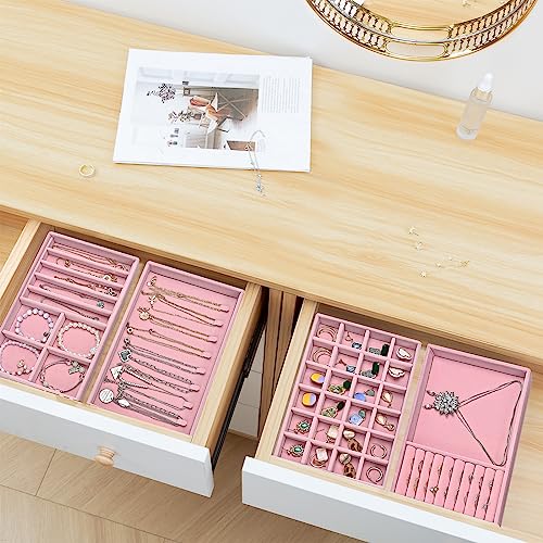 ProCase Set of 4 Stackable Jewelry Organizer Trays for Drawers, Jewelry Drawer Inserts Container Display Case Storage for Earring Necklace Rings Bracelet with Removable Dividers -Dustypink