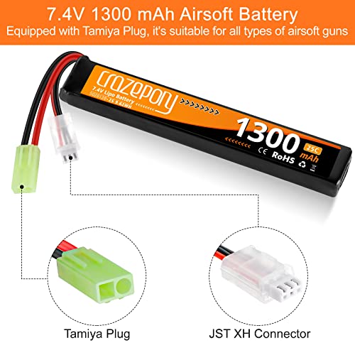 Crazepony Airsoft Battery 7.4V Rechargeable 2S LiPo 1300mAh 25C Stick Battery with Mini Tamiya Connector for Airsoft Model Guns Rifle