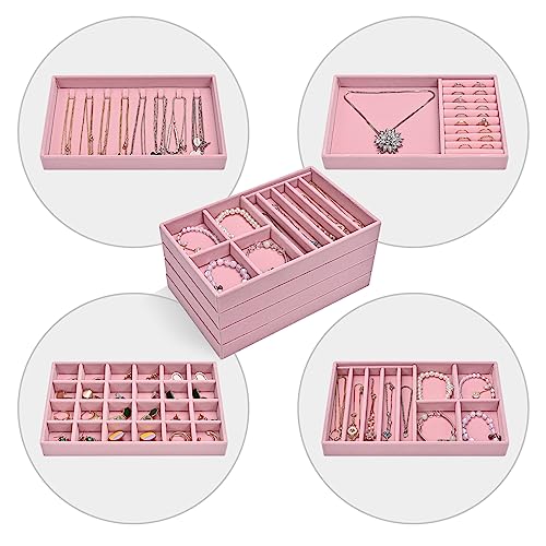 ProCase Set of 4 Stackable Jewelry Organizer Trays for Drawers, Jewelry Drawer Inserts Container Display Case Storage for Earring Necklace Rings Bracelet with Removable Dividers -Dustypink