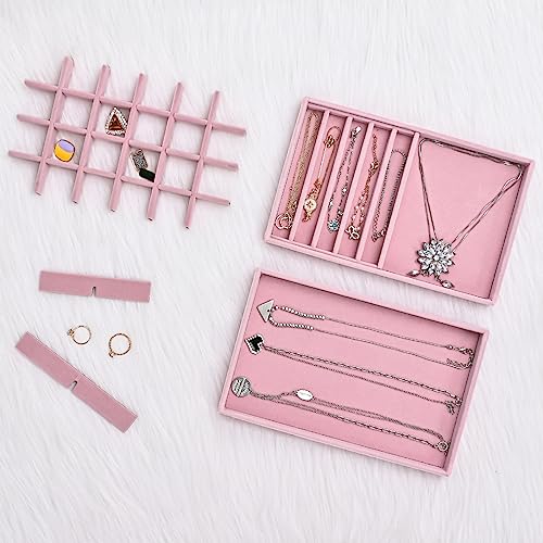 ProCase Set of 4 Stackable Jewelry Organizer Trays for Drawers, Jewelry Drawer Inserts Container Display Case Storage for Earring Necklace Rings Bracelet with Removable Dividers -Dustypink