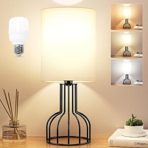 bedside table lamp for bedroom - small lamp with 3 color modes-3000k-4000k-5000k nightstand lamp with simple black metal base and white fabric shade for kids, living room，bedroom (led bulb included)
