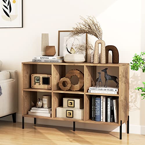 Tangkula 6 Cube Bookshelf, 2-tier Wood Storage Open Bookcase with Elevated Metal Legs, 5-Position Adjustable Shelf, Anti-toppling Device, Freestanding Organizer Storage Shelf for Home Office (Natural)