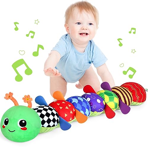 KMUYSL Baby Toys 0 to 12 Months, Musical Stuffed Animal Toys for 0-3-6-12 Months, Soft Sensory Toys with Crinkle and Rattles, Infant Tummy Time Toys for Newborn Boys Girls, Caterpillar, Green