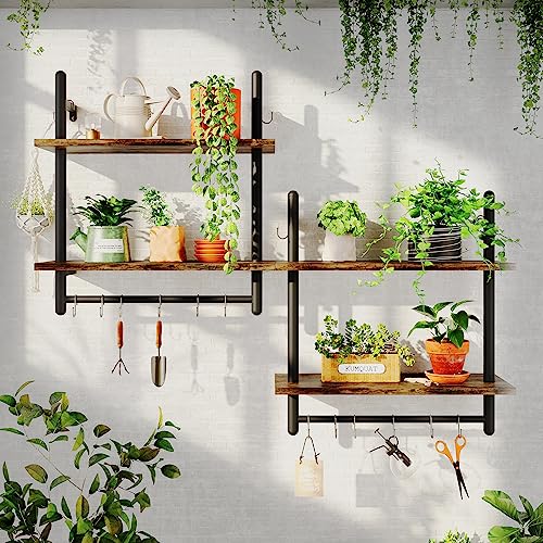 Bestier Floating Shelves Kitchen Shelves Wall Mounted 24" Wood Floating Shelf Bathroom 2 Tier Ladder Shelves with Tower Bar, Wall Decor for Bedroom, Living Room, Coffee bar & Balcony, Rustic Brown