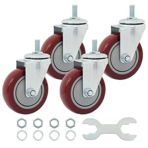 finnhomy swivel caster wheels 4 inch threaded stem casters set of 4 heavy duty 1/2"-13 x 1" anti-wear polyurethane industrial castor wheels for cart/furniture load bearing 2200 lbs smooth casters red