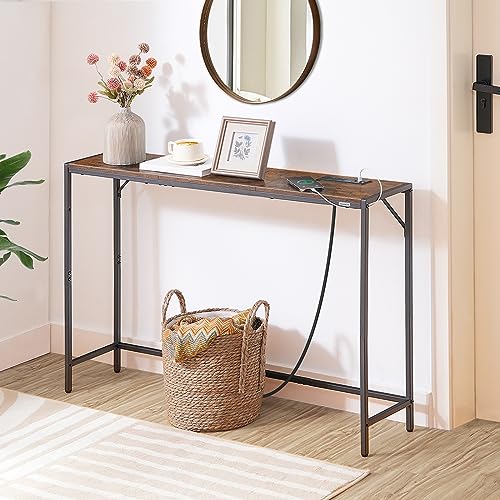 MAHANCRIS Console Table, Narrow Sofa Table, 43.5” Entrance Table, Metal Frame, Behind Couch Table, Simple Style, for Living Room, Hallway, Entryway, Foyer, Rustic Brown and Black CTHR112E01