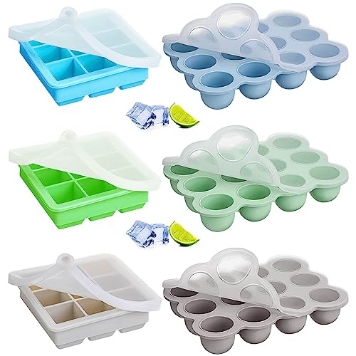 Hoolerry 6 Pcs Baby Food Storage Container Silicone Baby Food Freezer Tray with Clip on Lids Milk Trays for Breastmilk Baby Food Ice Cube Trays for Baby Food Vegetable Fruit Purees, 2 Styles