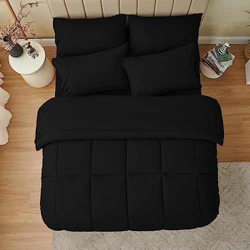 CozyLux Full Size Comforter Sets - 7 Pieces Bed in a Bag Set Black, Bedding Sets Full with All Season Quilted Comforter, Flat Sheet, Fitted Sheet, Pillowcases, Black, Full