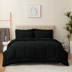 cozylux full size comforter sets - 7 pieces bed in a bag set black, bedding sets full with all season quilted comforter, flat sheet, fitted sheet, pillowcases, black, full