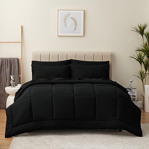 CozyLux Full Size Comforter Sets - 7 Pieces Bed in a Bag Set Black, Bedding Sets Full with All Season Quilted Comforter, Flat Sheet, Fitted Sheet, Pillowcases, Black, Full