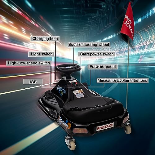 LUIBAS 24V Electric Drifting Go Kart for Kids, Kids Ride on Car with Seatbelt, Music, Bluetooth, Ride on Toy with Drifting System for Riders up to 135 lbs, Black