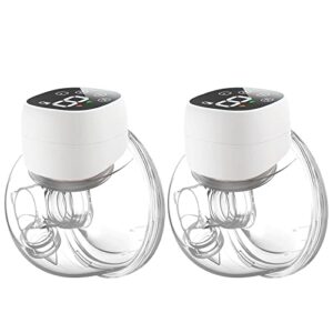 breast pump hands free, wearable breast pumps for breastfeeding, electric portable wireless pump with 3 modes & 9 levels, 24mm flange 3 inserts, comfortable & leakproof, led display-2 pack white