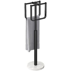marble hand towel holder stand with 2 hanging ring for bathroom kitchen countertop, stainless steel free-standing towel rack with marble base, matte black