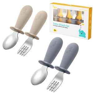 qkie 4 pack toddler utensils, toddler forks and spoons, baby fork self feeding, stainless steel baby silverware with bpa free silicone grip, 8 months+(sand & grey)