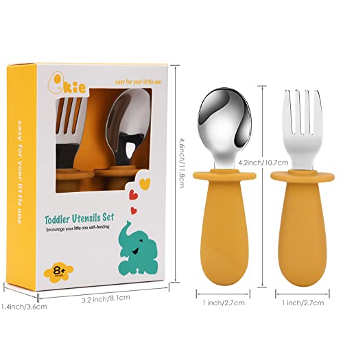 Qkie 4 Pack Toddler Utensils, Toddler Forks and Spoons, Baby Fork Self Feeding, Stainless Steel Baby Silverware with BPA Free Silicone Grip, 8 Months+(Sand & Grey)