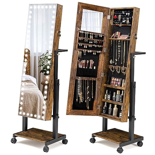 Lavievert LED Mirror Jewelry Cabinet with 4 Wheels, 47.2" Full Length Mirror with 3 Color Lights, Lockable Jewelry Armoire with Built-in Mirror, Bottom Shelf, 3 Adjustable Angles & Height - Brown