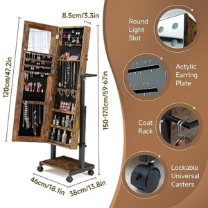 Lavievert LED Mirror Jewelry Cabinet with 4 Wheels, 47.2" Full Length Mirror with 3 Color Lights, Lockable Jewelry Armoire with Built-in Mirror, Bottom Shelf, 3 Adjustable Angles & Height - Brown