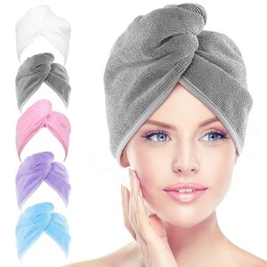 aidea microfiber hair towel wrap, 5 pack hair turbans, super absorbent quick dry hair towel wrap for all hair types anti frizz, 26"×10"